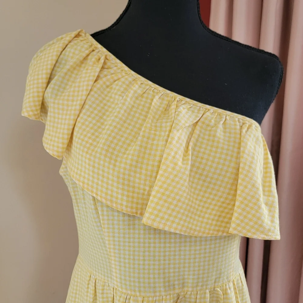 Altar'd State Yellow Gingham One Shoulder Dress Size Medium EUC - Picture 2 of 10